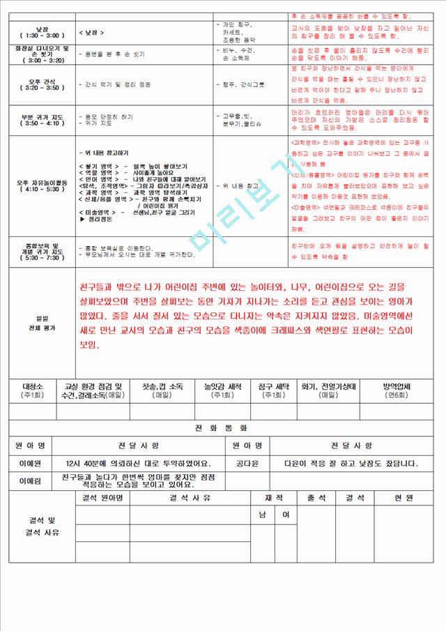 보육 평가인증 어린이집 만 2세 3월 일일보육계획 및 일지(보육실습일지) 40페이지   (6 )